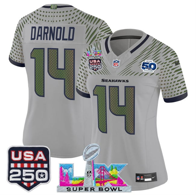 Women's Seattle Seahawks #14 Sam Darnold Gray 2025 F.U.S.E. Super Bowl LX & US 250th anniversary Patch And 50th Season Patch “Rivalries” Vapor Limited Football Stitched Jersey(Run Small)